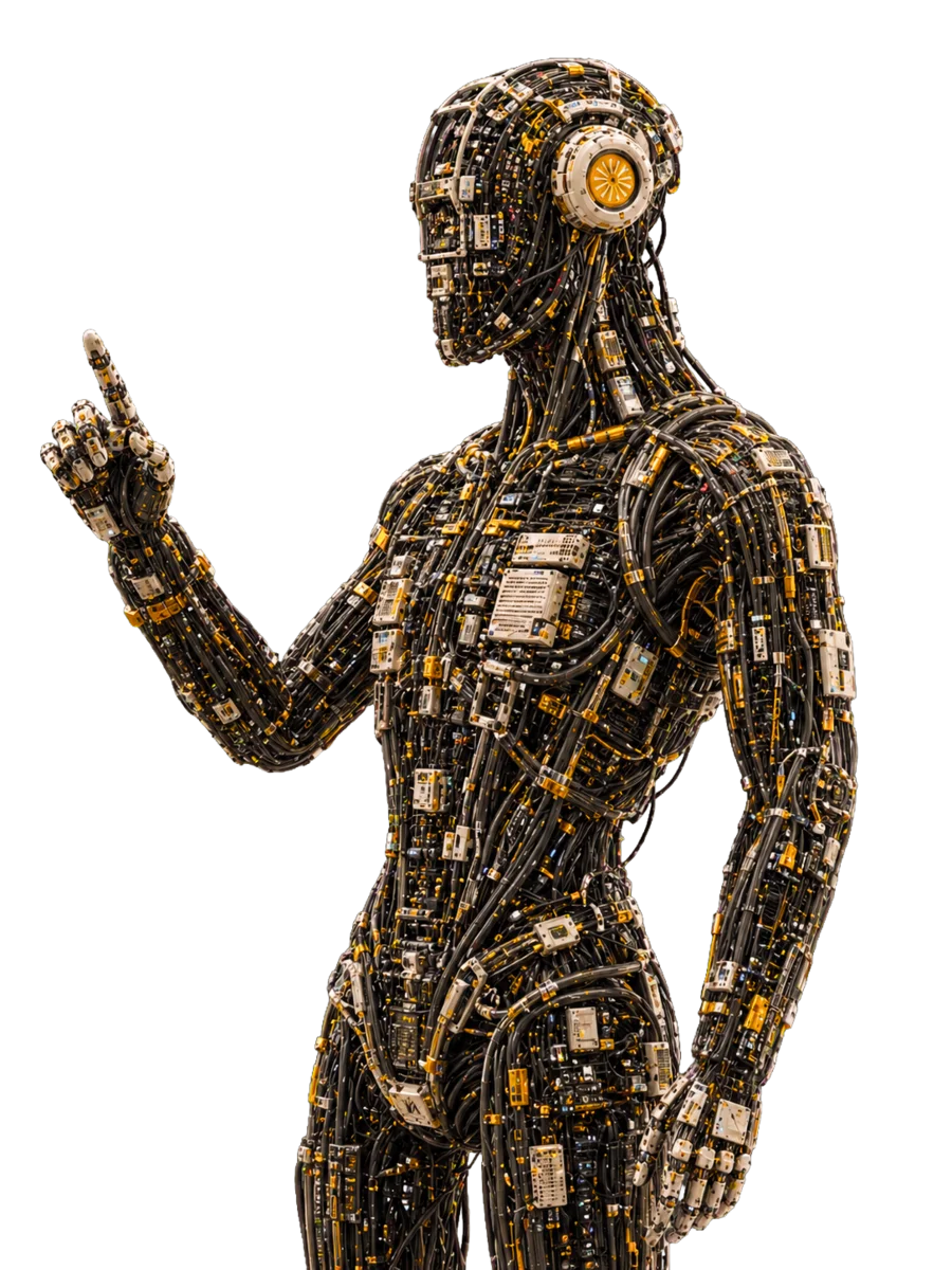 Helmet removed, mechanical face revealed -- the system underneath the surface